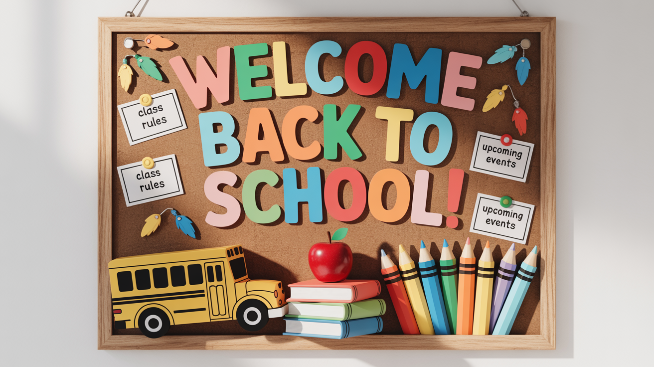 A colorful and creative 'Back to School' themed bulletin board on a clean white background, decorated with cut-out letters, pencils, and apples.