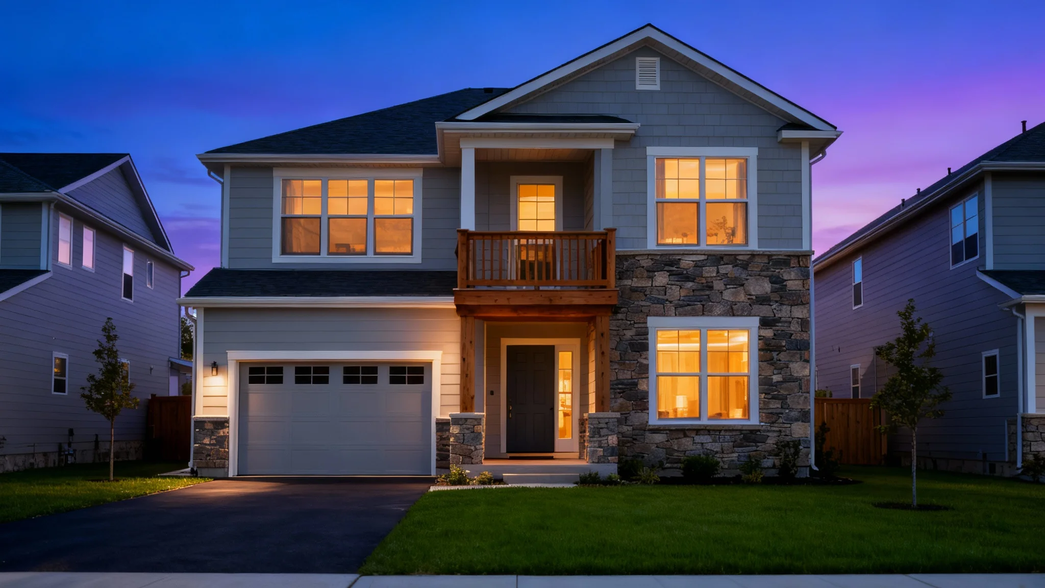 A professionally retouched photo of a modern house at twilight, showing a perfect dusk sky, glowing interior lights, and a manicured lawn, representing the final result of a real estate photo enhancement tool.
