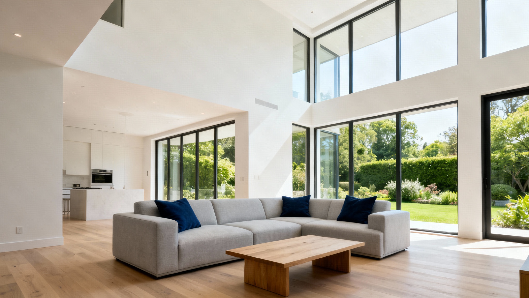 A professional real estate photograph of a sunlit, modern living room with a large grey sofa, hardwood floors, and expansive windows looking out onto a garden.