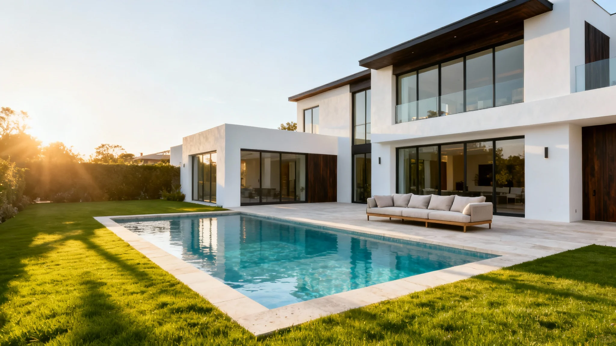 A professional real estate photo of a modern luxury house's backyard at sunset, featuring a sparkling swimming pool, manicured lawn, and stylish patio furniture.