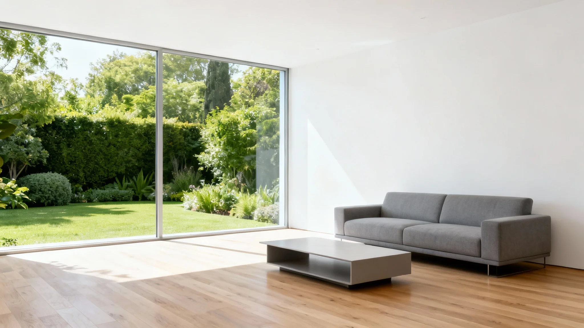 A professional real estate photograph of a modern, sunlit living room with minimalist furniture and a large window looking out onto a garden, presented as a mockup on a white background.