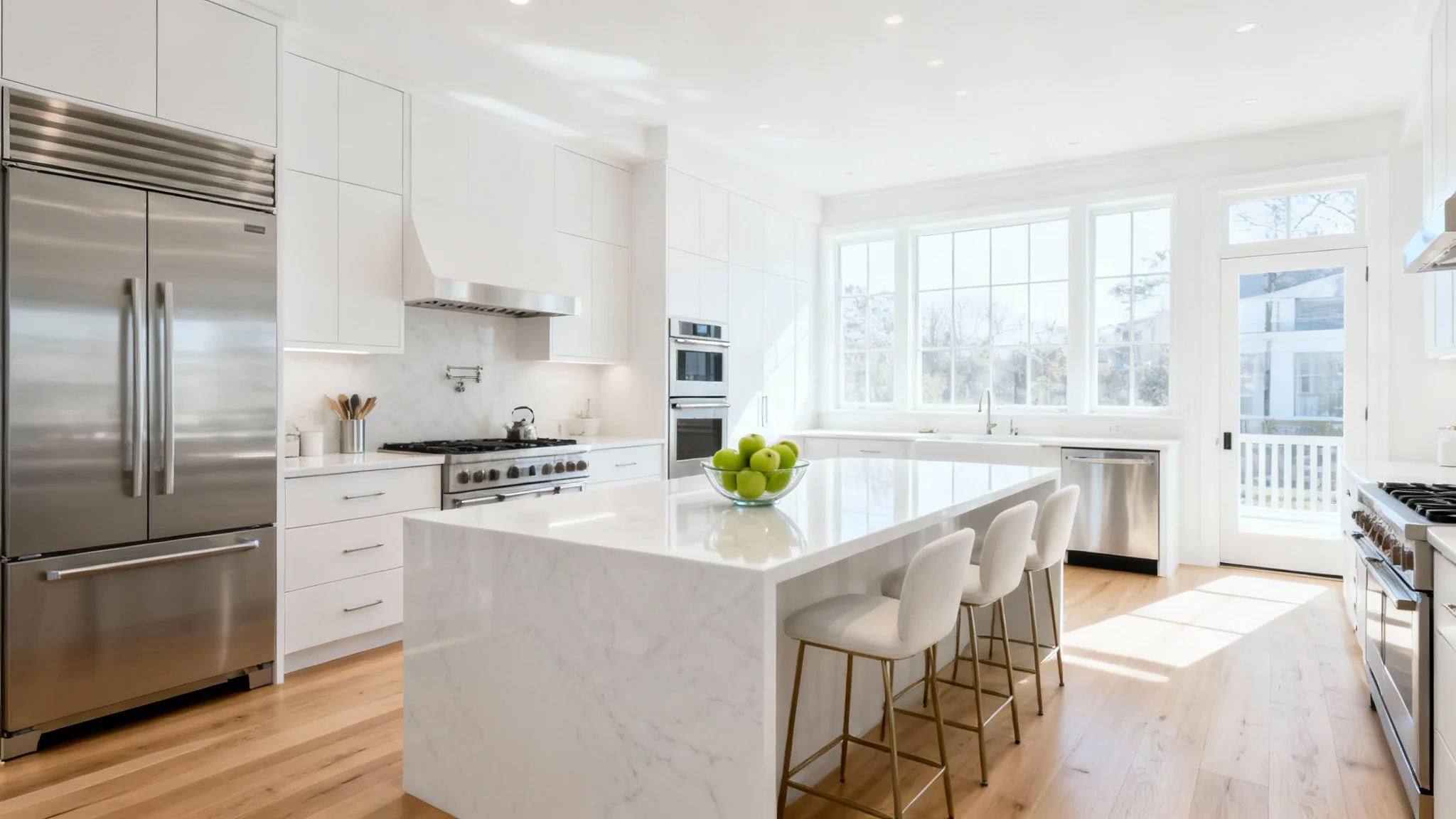 A bright and modern luxury kitchen, featuring a large white island, stainless steel appliances, and abundant natural light from large windows, presented as a professional real estate photograph.