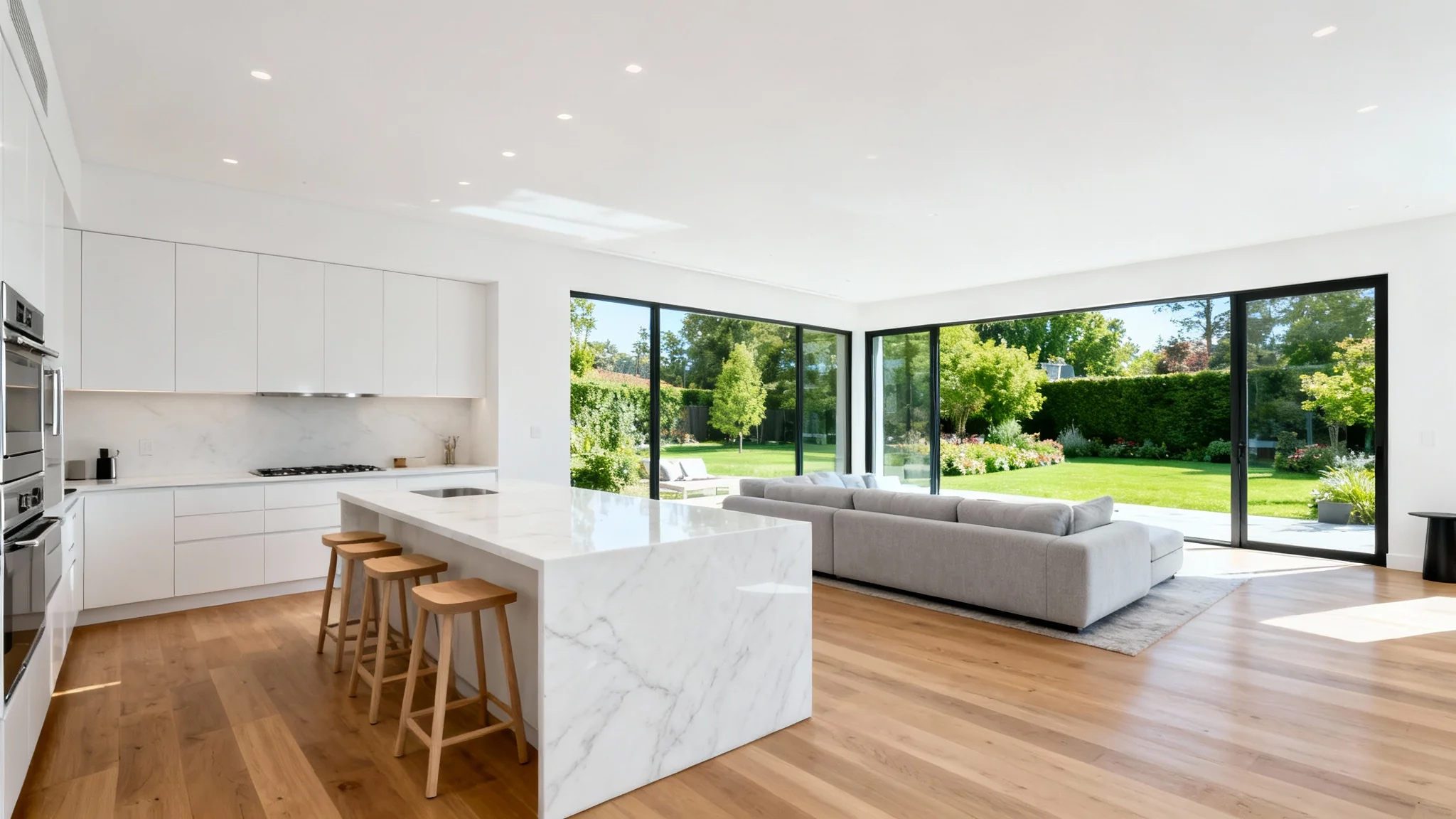 A professional real estate photo of a modern, sunlit open-concept kitchen and living room with high-end finishes and a view of a green backyard.