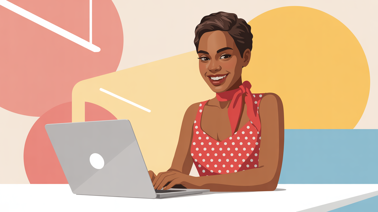A flat design character sheet of a young Black woman in a red polka dot dress. The main image shows her working at a laptop, with two smaller circles showing her laughing and thinking.