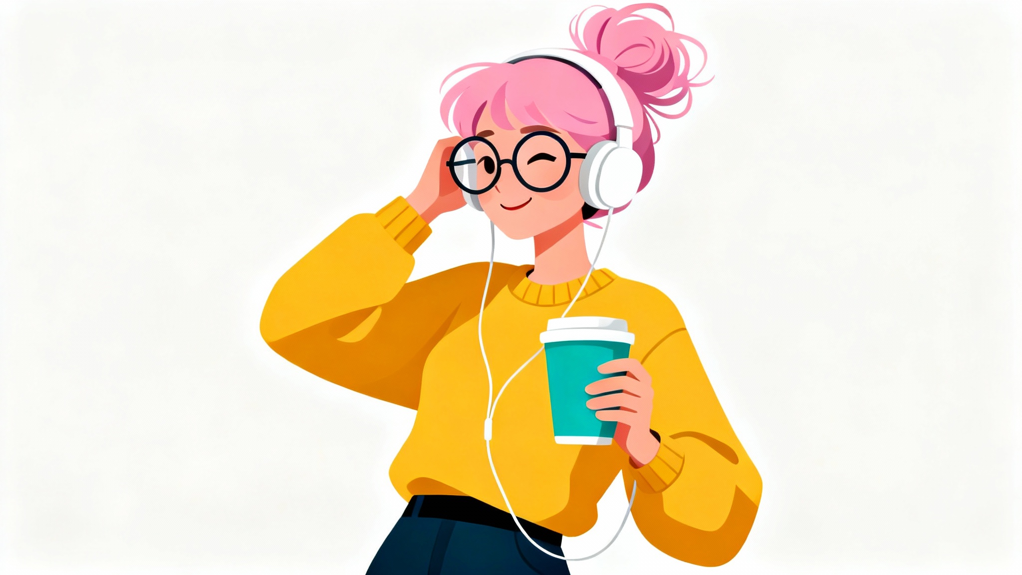A flat vector illustration of a stylish woman with pink hair and glasses, smiling while listening to headphones and holding a coffee mug, against a white background.