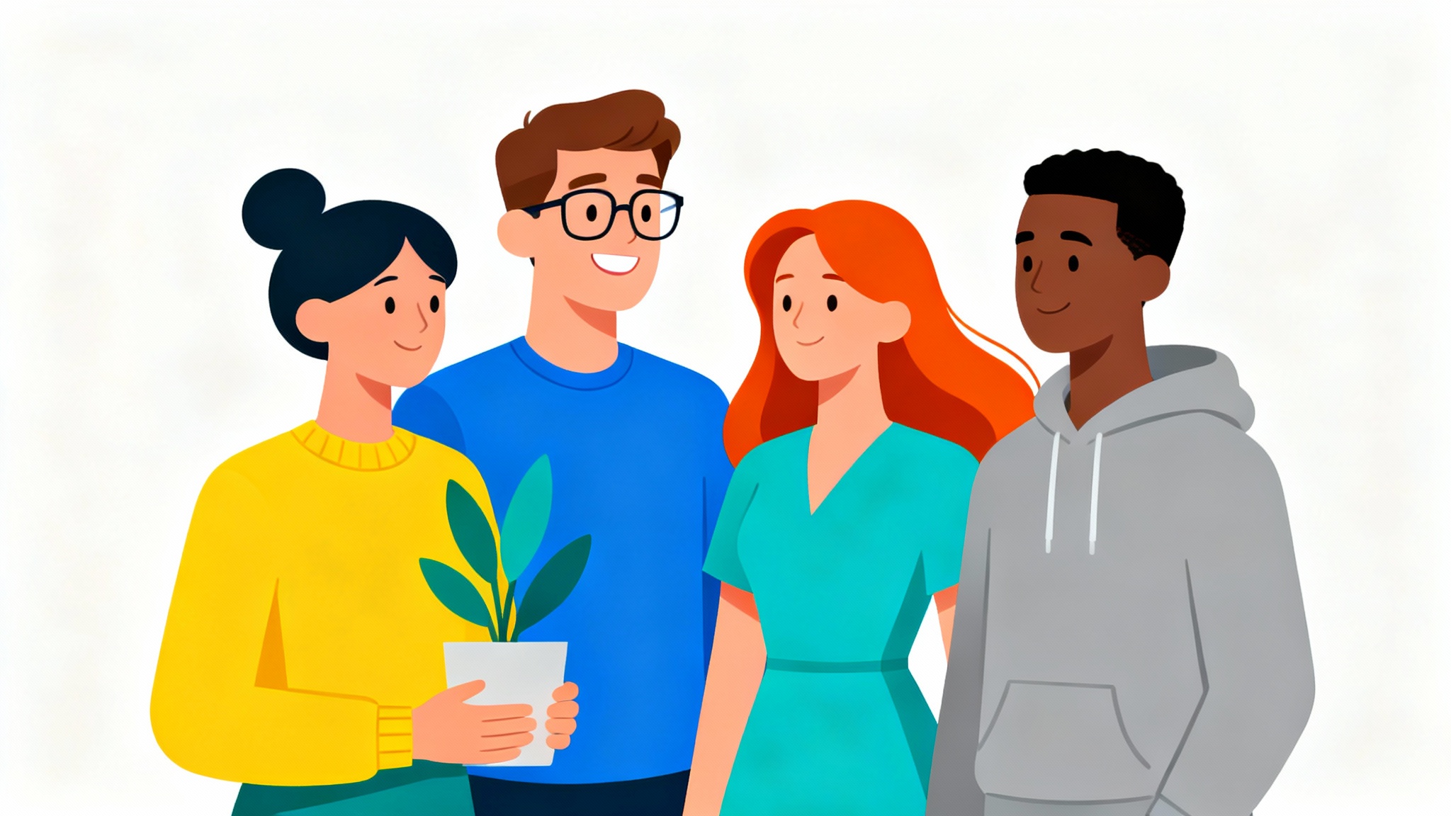 A modern flat design illustration featuring a diverse group of four stylized characters against a plain white background, showcasing a clean, minimalist, and colorful vector art style.