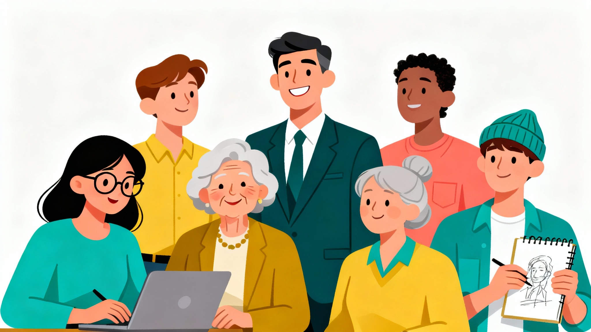 A colorful flat illustration showcasing a diverse group of four stylized characters, a woman with a laptop, a businessman, an elderly woman, and a young artist on a clean white background.
