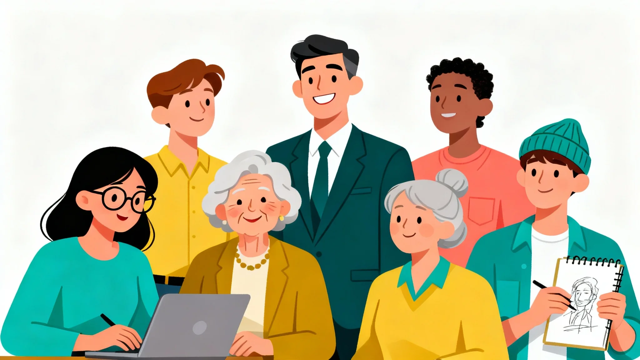 A colorful flat illustration showcasing a diverse group of four stylized characters, a woman with a laptop, a businessman, an elderly woman, and a young artist on a clean white background.