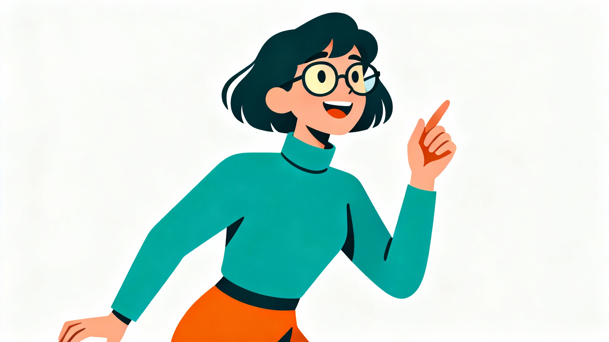 A modern flat illustration of a smiling woman with glasses and a turtleneck, depicted in a clean, vector style against a white background.