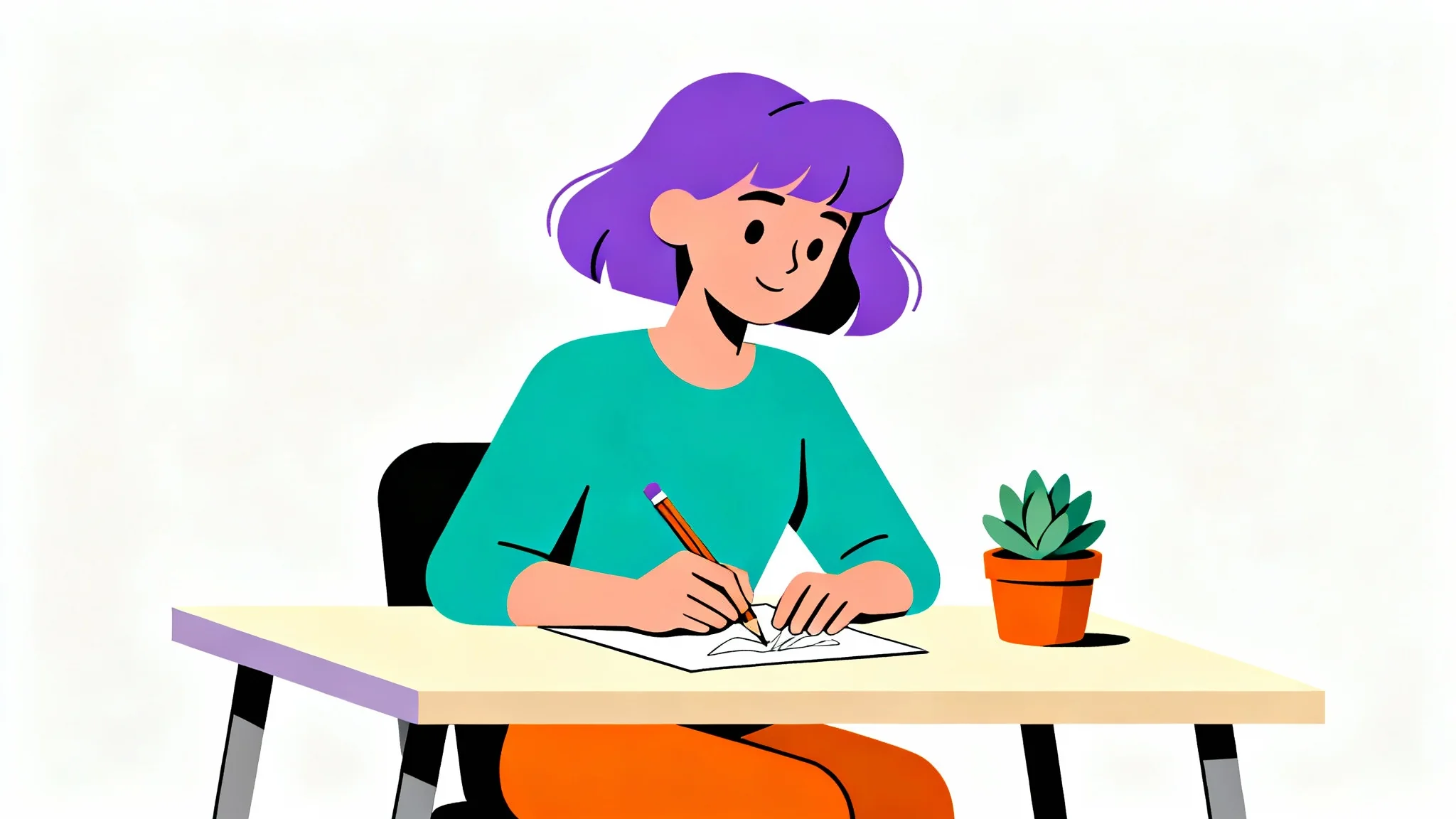 A colorful flat character illustration of a woman with purple hair drawing at a desk, created in a minimalist style with bold colors on a white background.