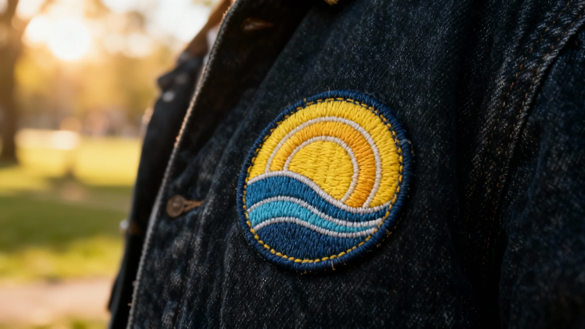 A hyper-realistic close-up photo of a circular embroidered patch with a yellow sun and blue wave design, expertly placed on a dark denim jacket as a product mockup.