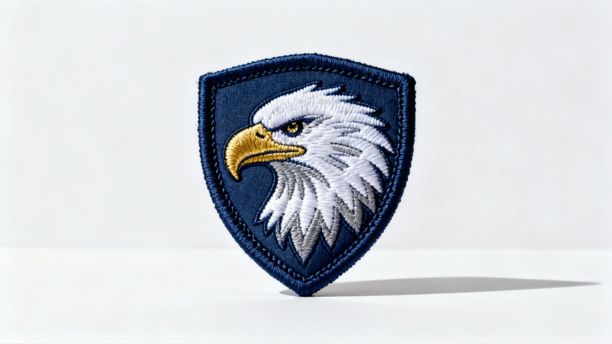 A photorealistic mockup of a shield-shaped embroidered patch featuring a majestic eagle head, displayed on a clean white background with a soft shadow.