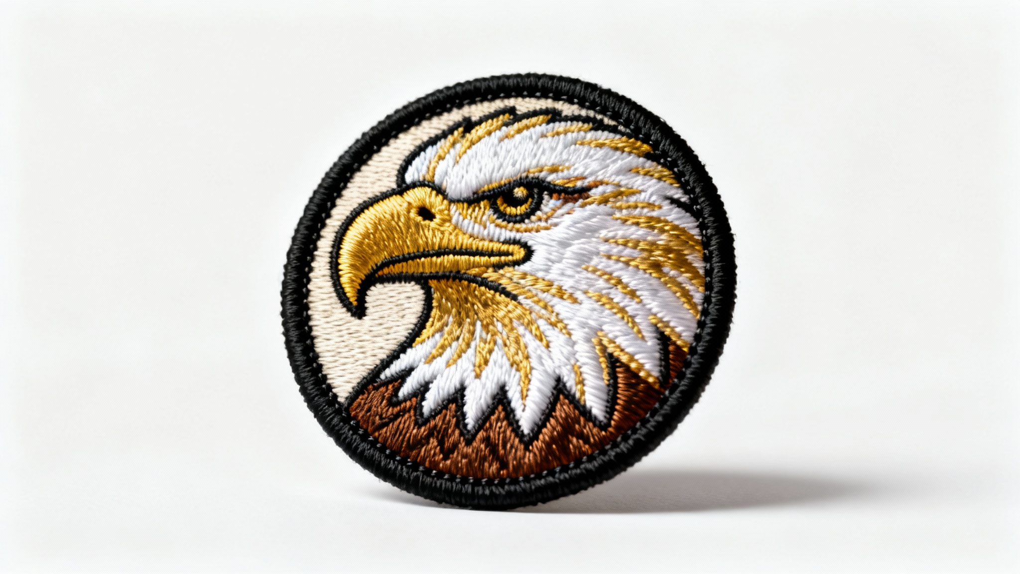 A photorealistic embroidered patch mockup featuring a majestic eagle head, set against a clean white background.