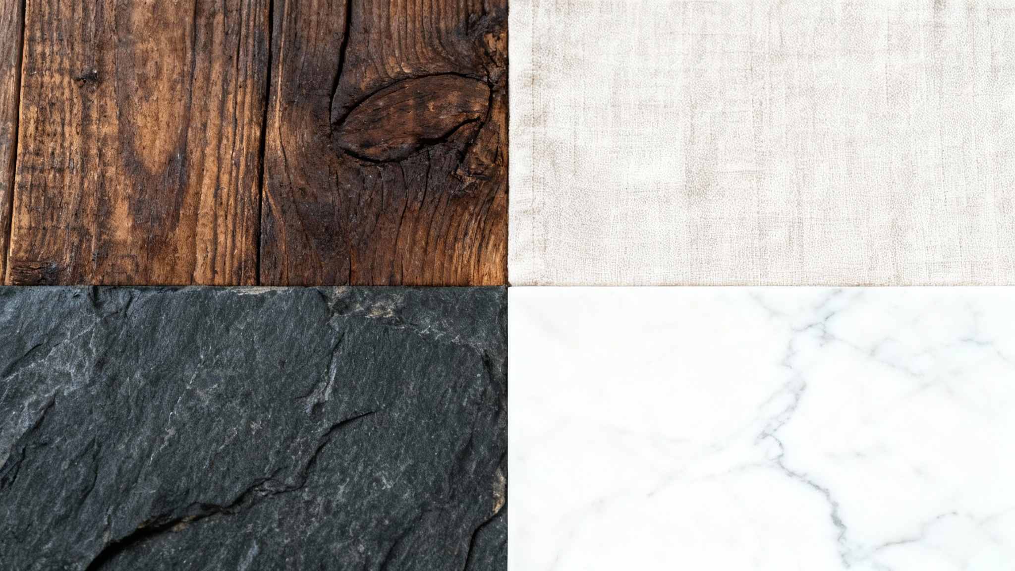 A flat lay composition displaying four different high-quality textures for food photography, arranged in a clean grid. The textures shown are rustic wood, natural linen fabric, dark slate stone, and white marble.