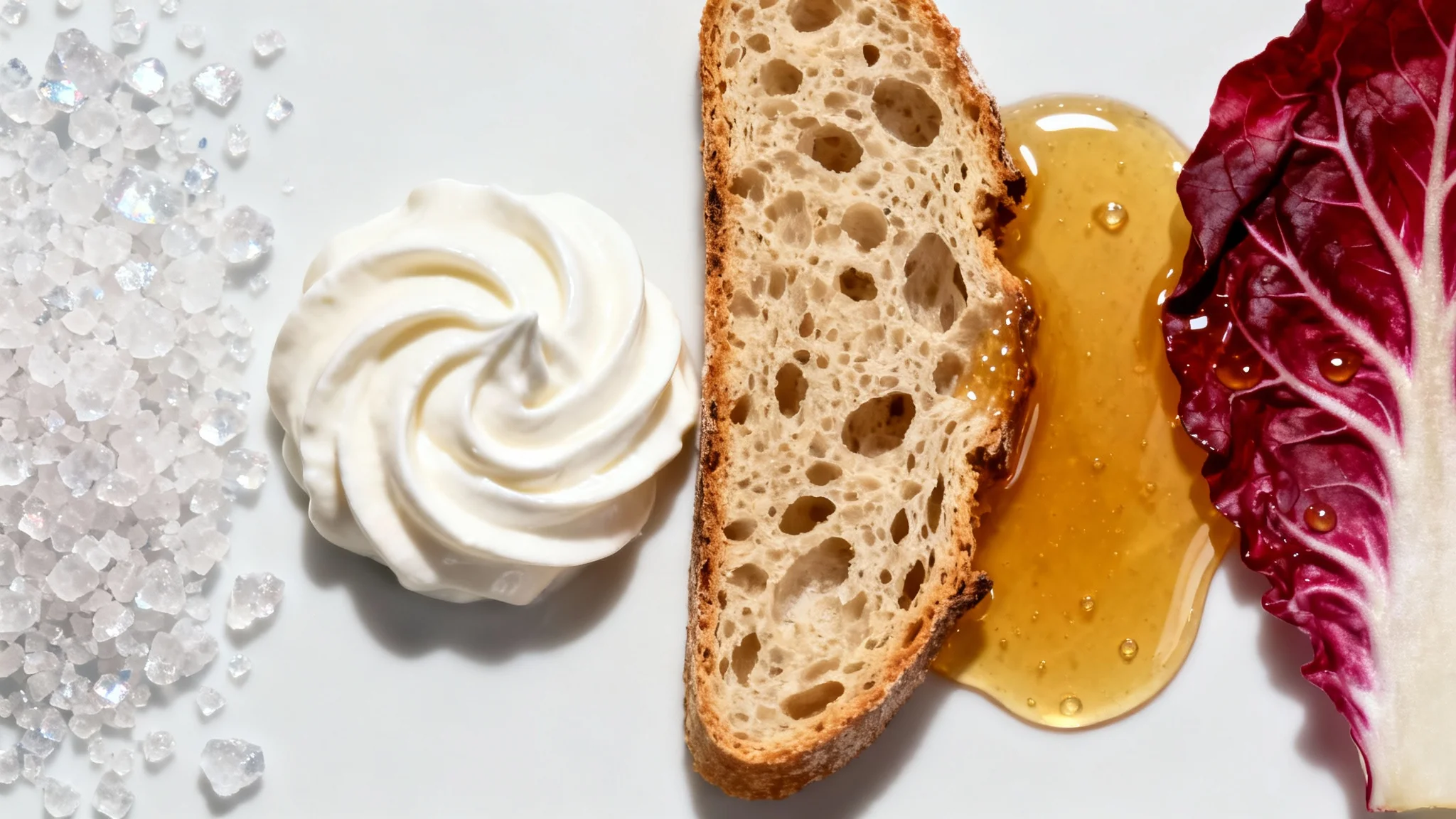 A top-down view of five distinct food textures arranged on a white background: coarse sea salt, creamy yogurt, porous bread, glistening honey, and a red cabbage leaf, showcasing a variety of textures for backgrounds.