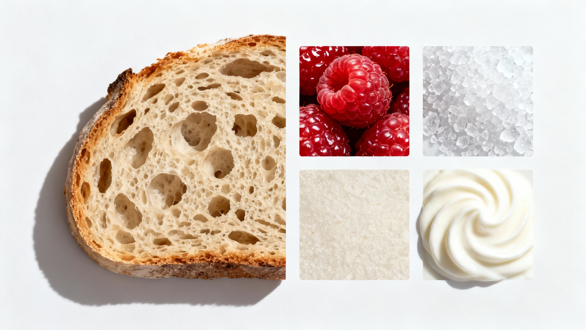 A collection of square images showcasing different food textures, including bread, a raspberry, sea salt, and yogurt, arranged neatly on a white background.