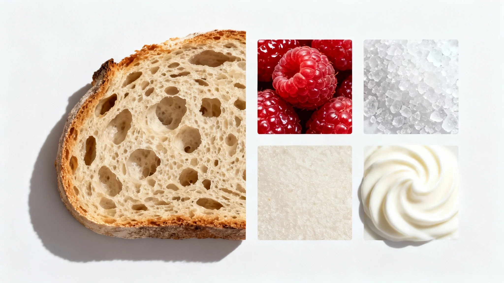 A collection of square images showcasing different food textures, including bread, a raspberry, sea salt, and yogurt, arranged neatly on a white background.