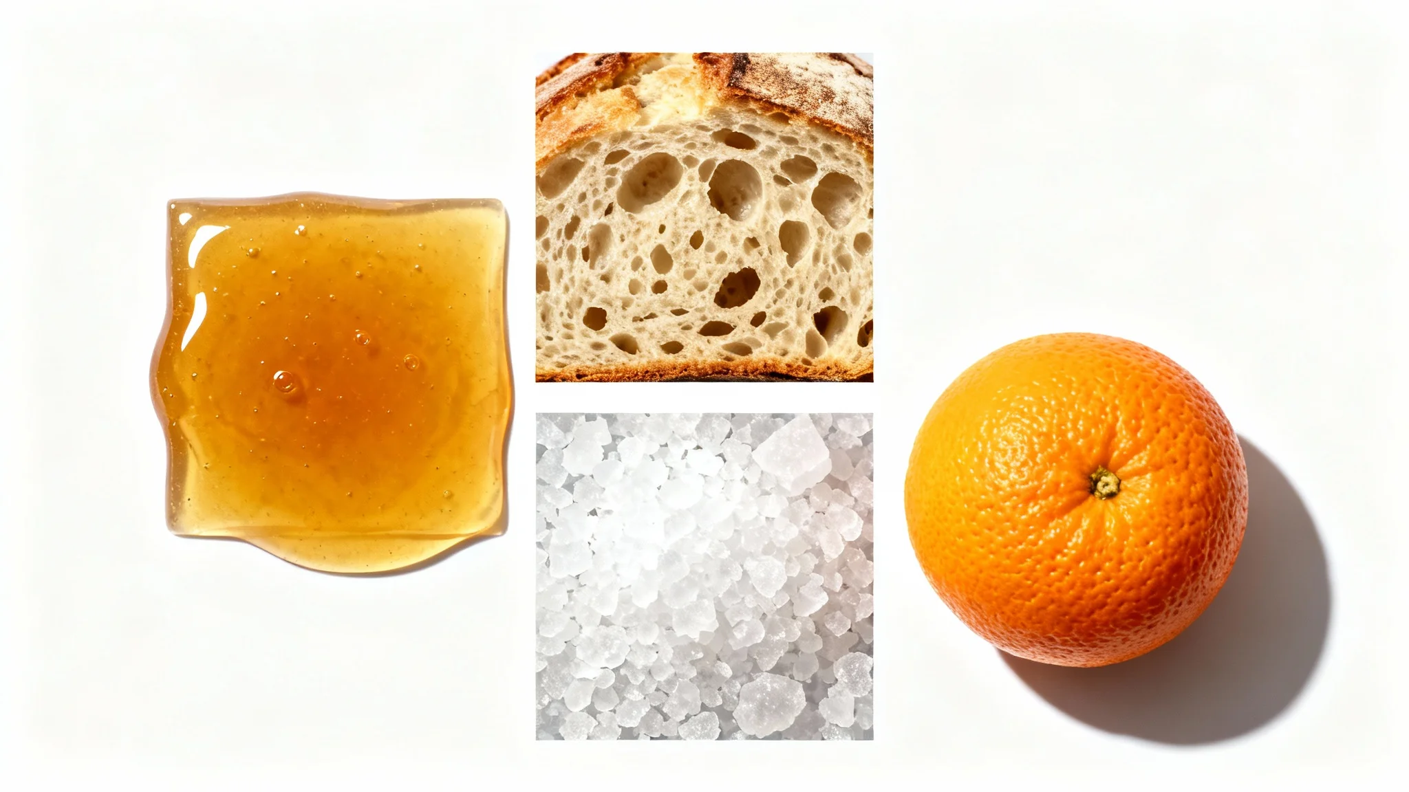 A macro flat lay image showing a grid of four different food textures on a white background: glistening honey, porous bread, crystalline sea salt, and the bumpy skin of an orange.