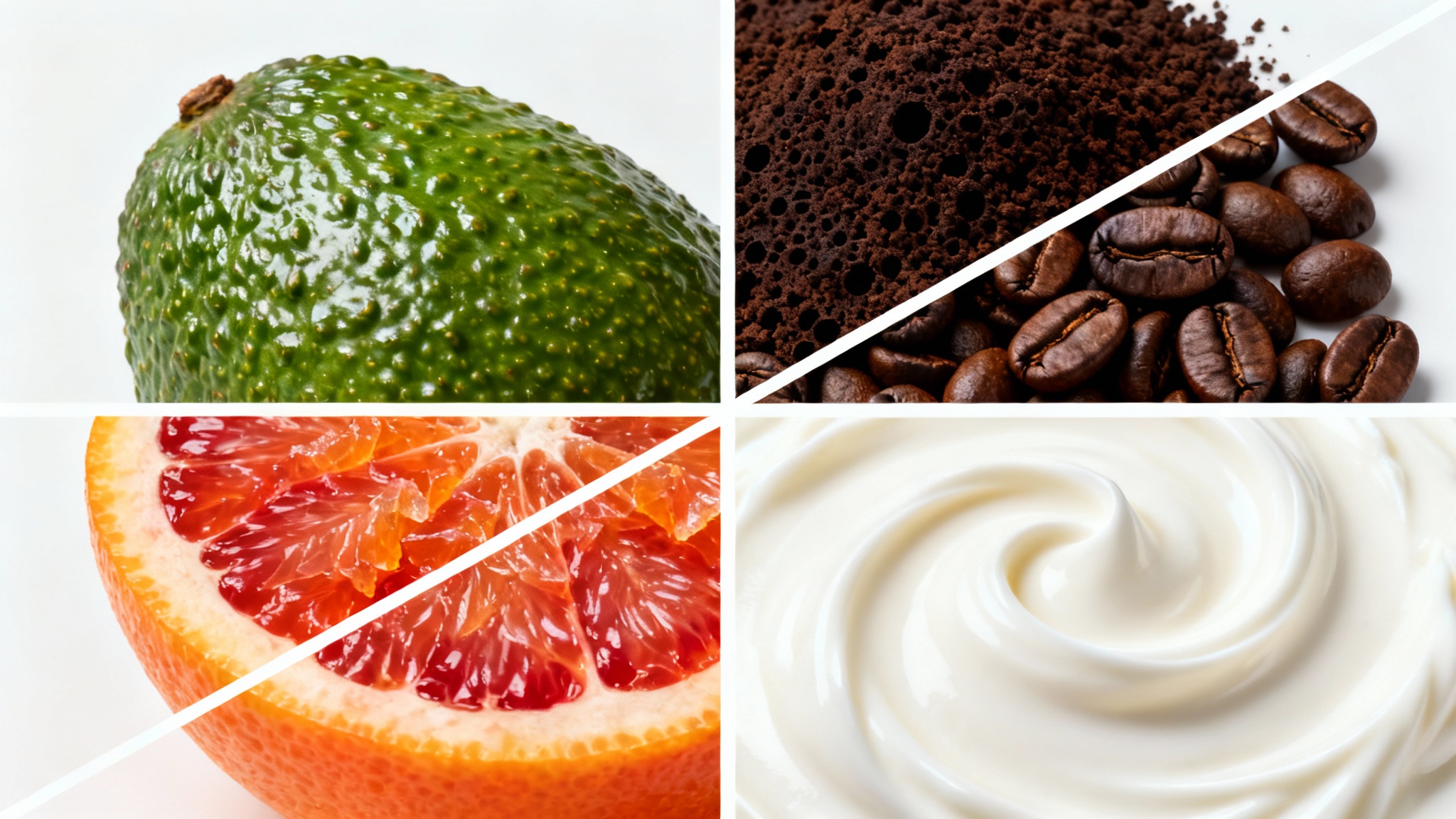 A clean, geometric composition of four different food textures on a white background. The textures shown are bumpy avocado skin, dark ground coffee, a juicy sliced blood orange, and creamy white yogurt.