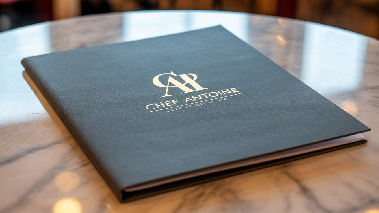 A professionally designed logo for 'Chef Antoine' featuring a chef's hat and knife, elegantly displayed in gold on the cover of a high-end restaurant menu.