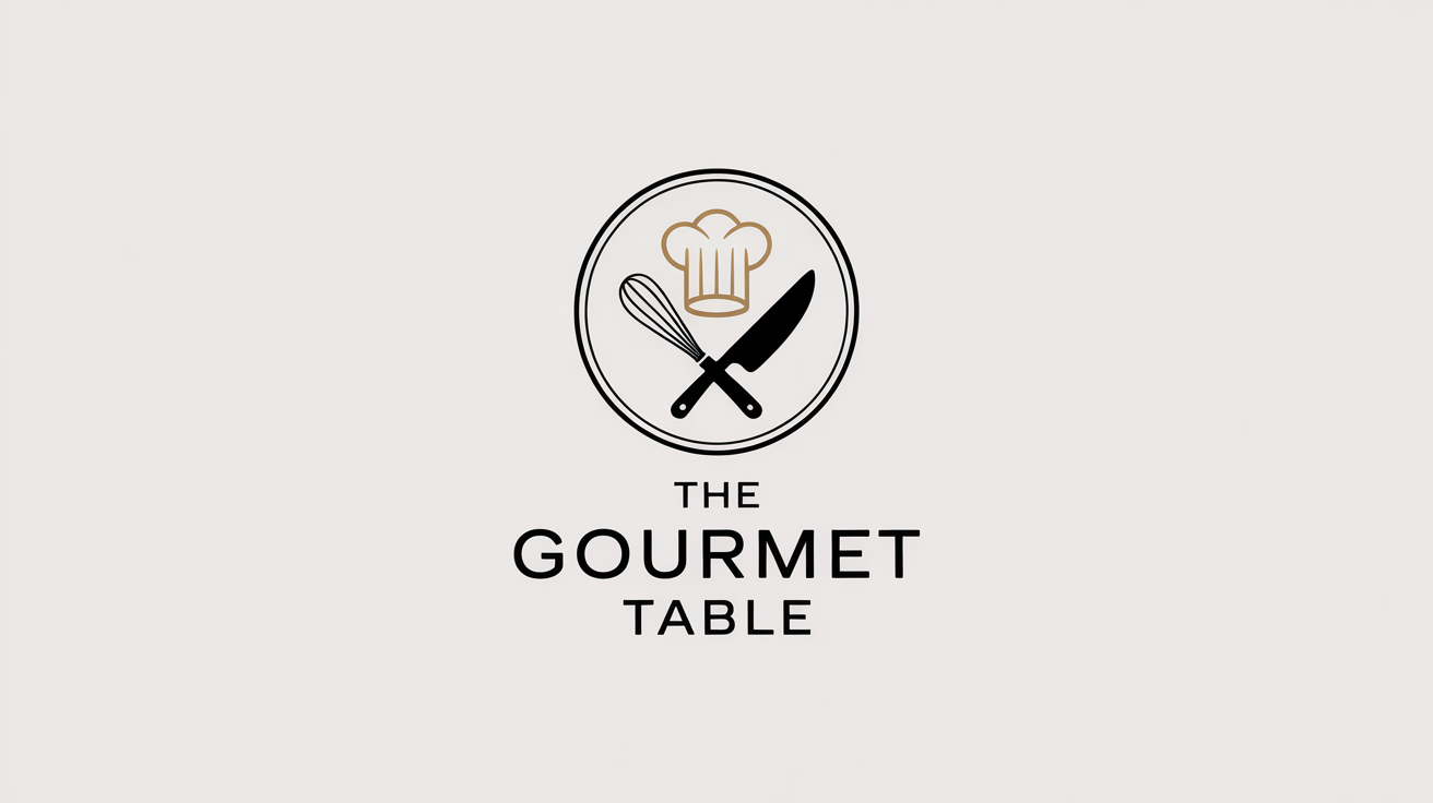 A professional mockup of a modern chef logo in black and gold, featuring a chef's hat, a crossed whisk and knife, and the text 'The Gourmet Table' on a plain white background.
