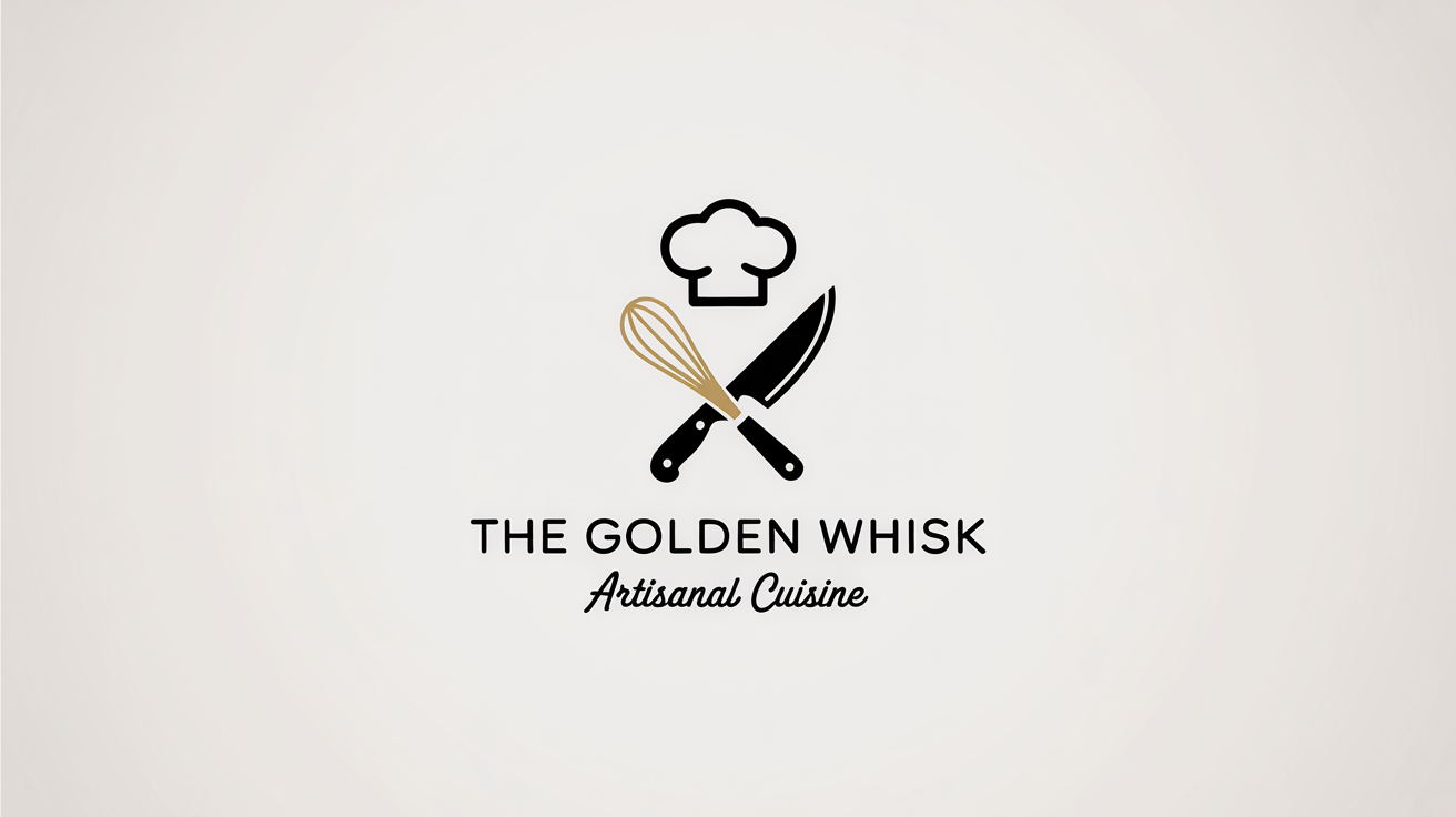 A professional chef logo mockup featuring a golden whisk, knife, and chef's hat. The logo reads 'The Golden Whisk' and 'Artisanal Cuisine' in elegant typography on a white background.