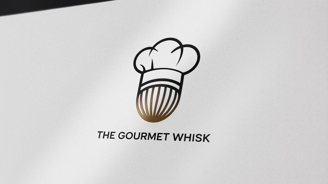 A professional mockup of a chef logo for 'The Gourmet Whisk', featuring a stylized black and gold chef's hat and whisk icon on a white background.