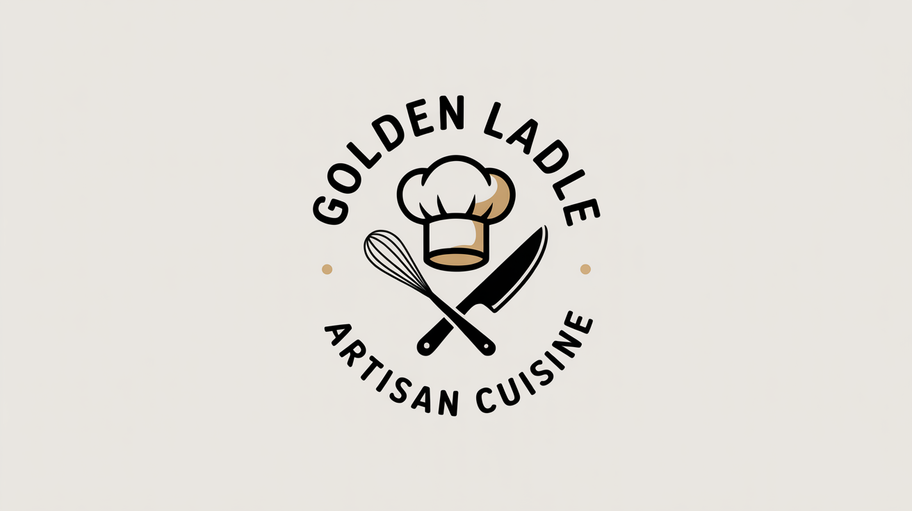 An elegant, circular chef logo for 'Golden Ladle Artisan Cuisine' in gold and black, featuring a chef's hat and crossed utensils on a clean white background.