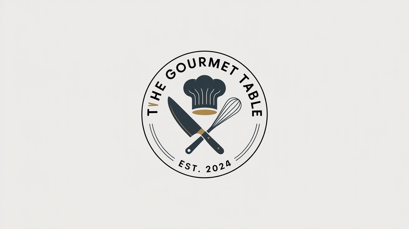 A modern, minimalist chef logo mockup on a white background. The logo is circular and features a charcoal gray chef's hat with a crossed knife and whisk, with the text 'THE GOURMET TABLE' encircling it.