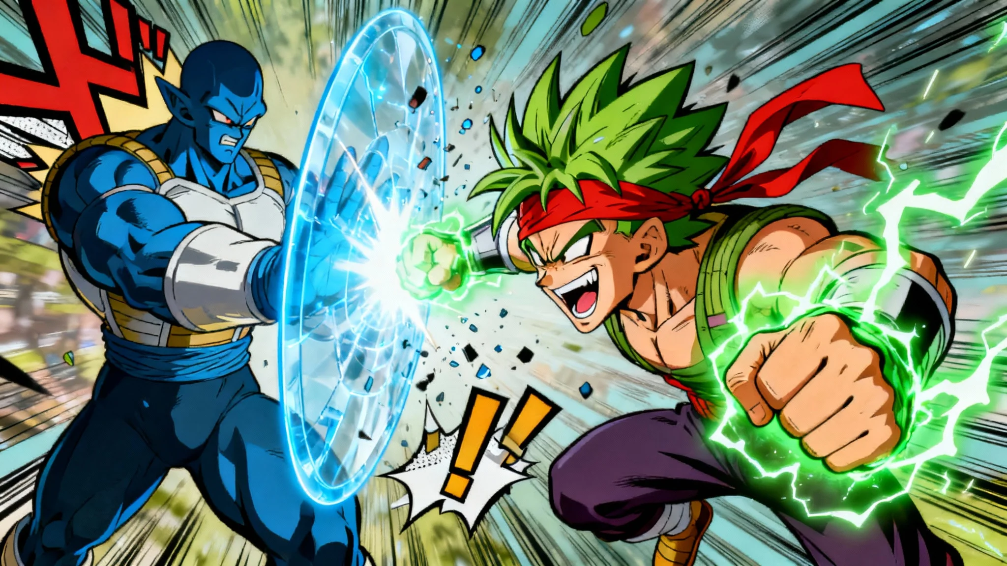 A dynamic 16:9 cartoon illustration of a fight scene. A character with green spiky hair throws an energy-charged punch, which is blocked by a blue-skinned character's glowing energy shield, creating a bright impact flash.