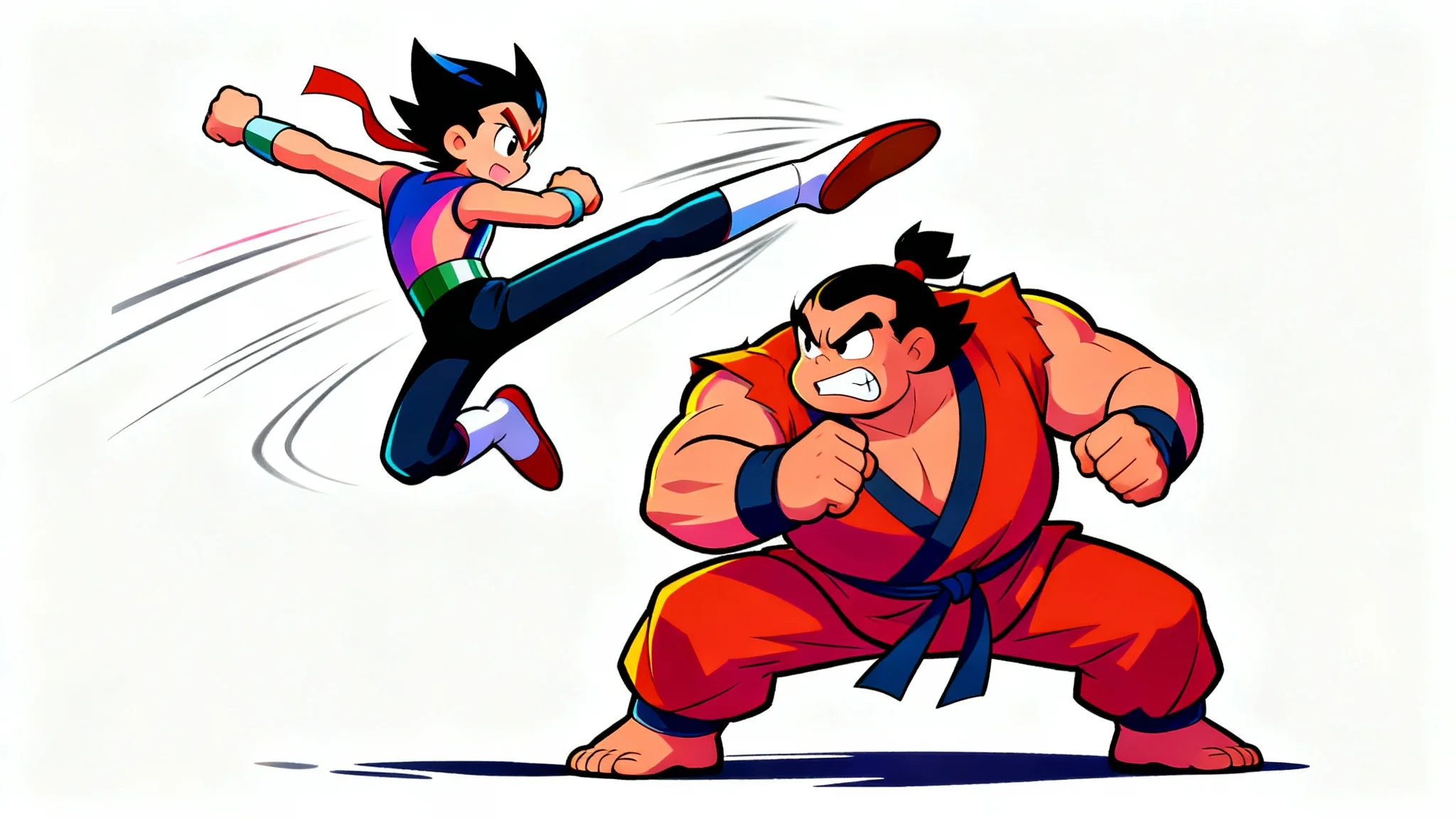 Two dynamic cartoon characters in the middle of a fight, showcasing energetic and exaggerated fighting poses against a plain white background.