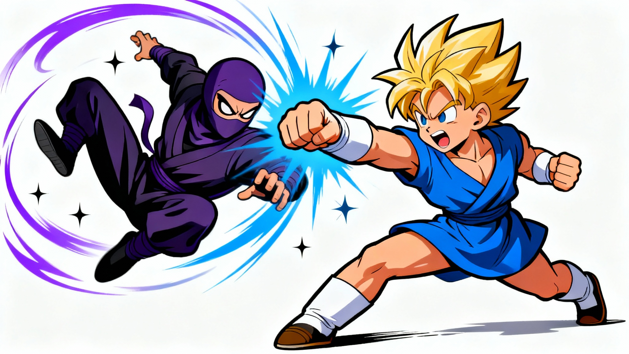 A vibrant cartoon illustration of two characters in dynamic fighting poses on a white background; one character lunges with a punch while the other dodges with a backflip.