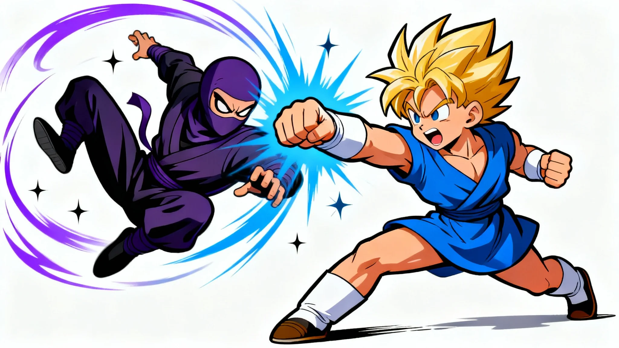 A vibrant cartoon illustration of two characters in dynamic fighting poses on a white background; one character lunges with a punch while the other dodges with a backflip.