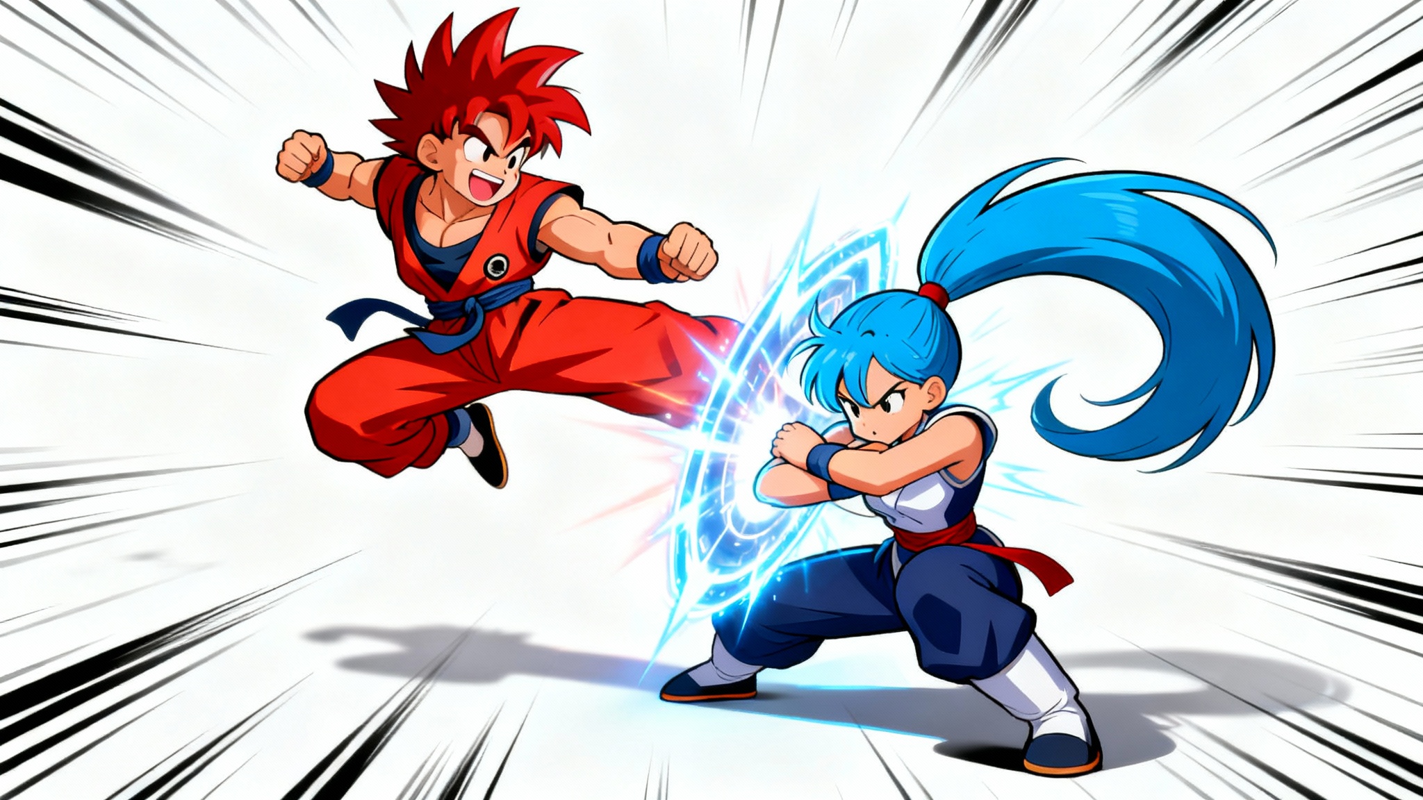An action-packed cartoon illustration of two characters in dynamic fighting poses against a white background. A male character performs a flying kick while a female character blocks with an energy shield.