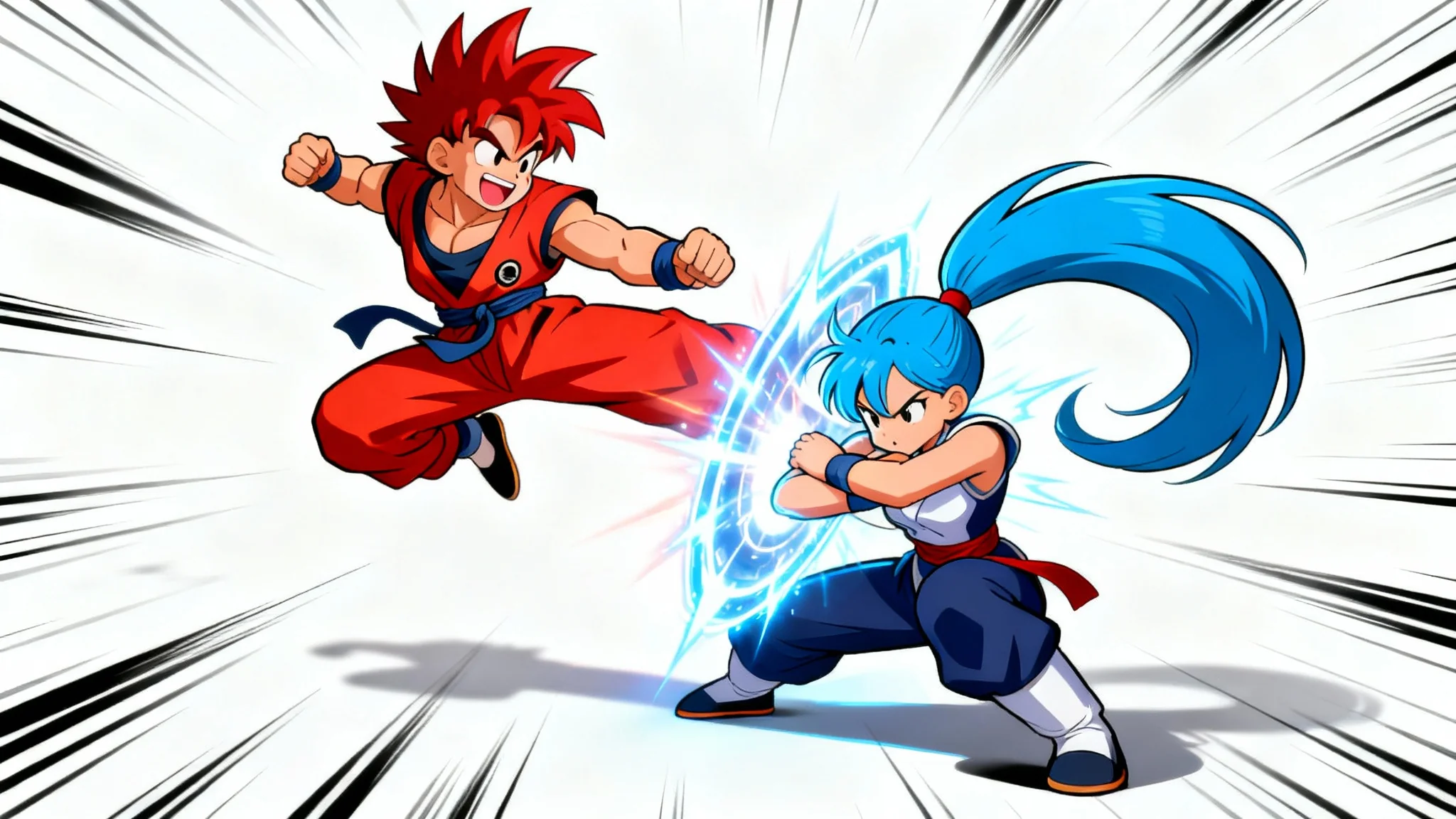 An action-packed cartoon illustration of two characters in dynamic fighting poses against a white background. A male character performs a flying kick while a female character blocks with an energy shield.