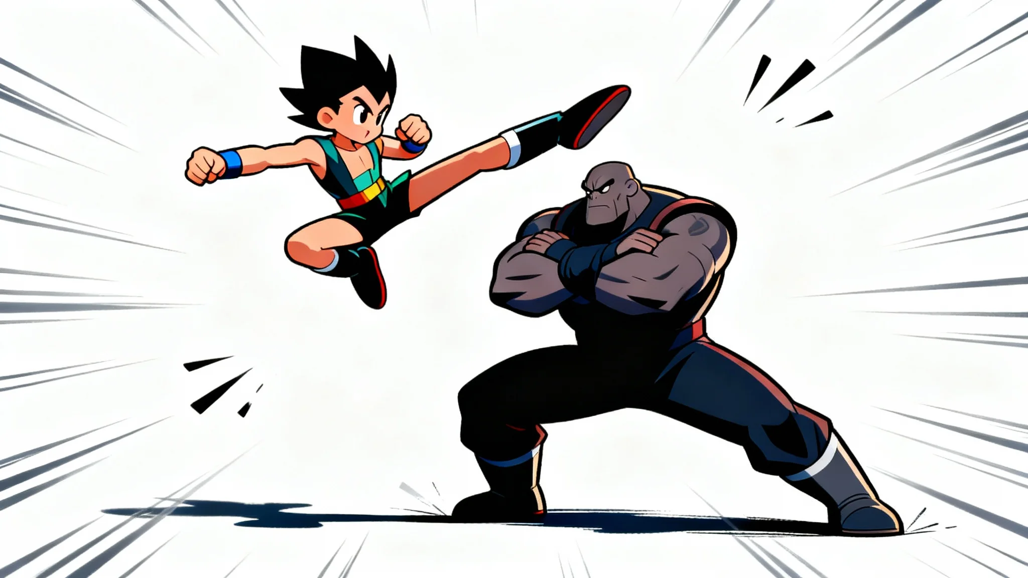 Two cartoon characters frozen in dynamic fighting poses against a white background. One character is delivering a flying kick mid-air, while the other braces for the impact in a defensive stance.
