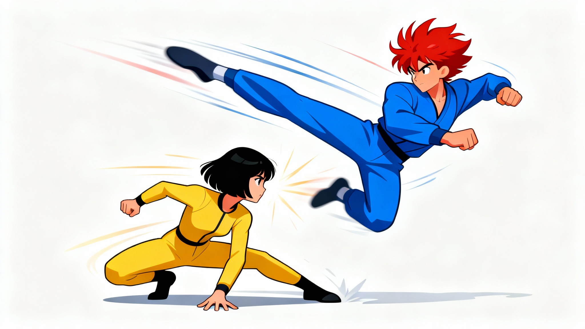 Two cartoon characters in dynamic fighting poses against a white background. A male character in blue executes a flying kick while a female character in yellow dodges.