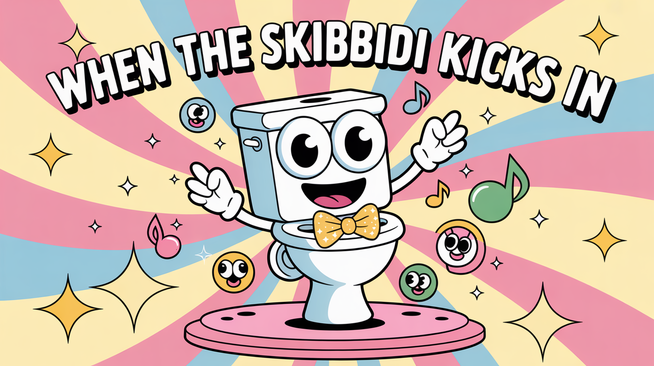A vibrant Skibidi Toilet meme showing a cartoon dancing toilet with googly eyes, with the caption 'WHEN THE SKIBIDI KICKS IN' at the top.