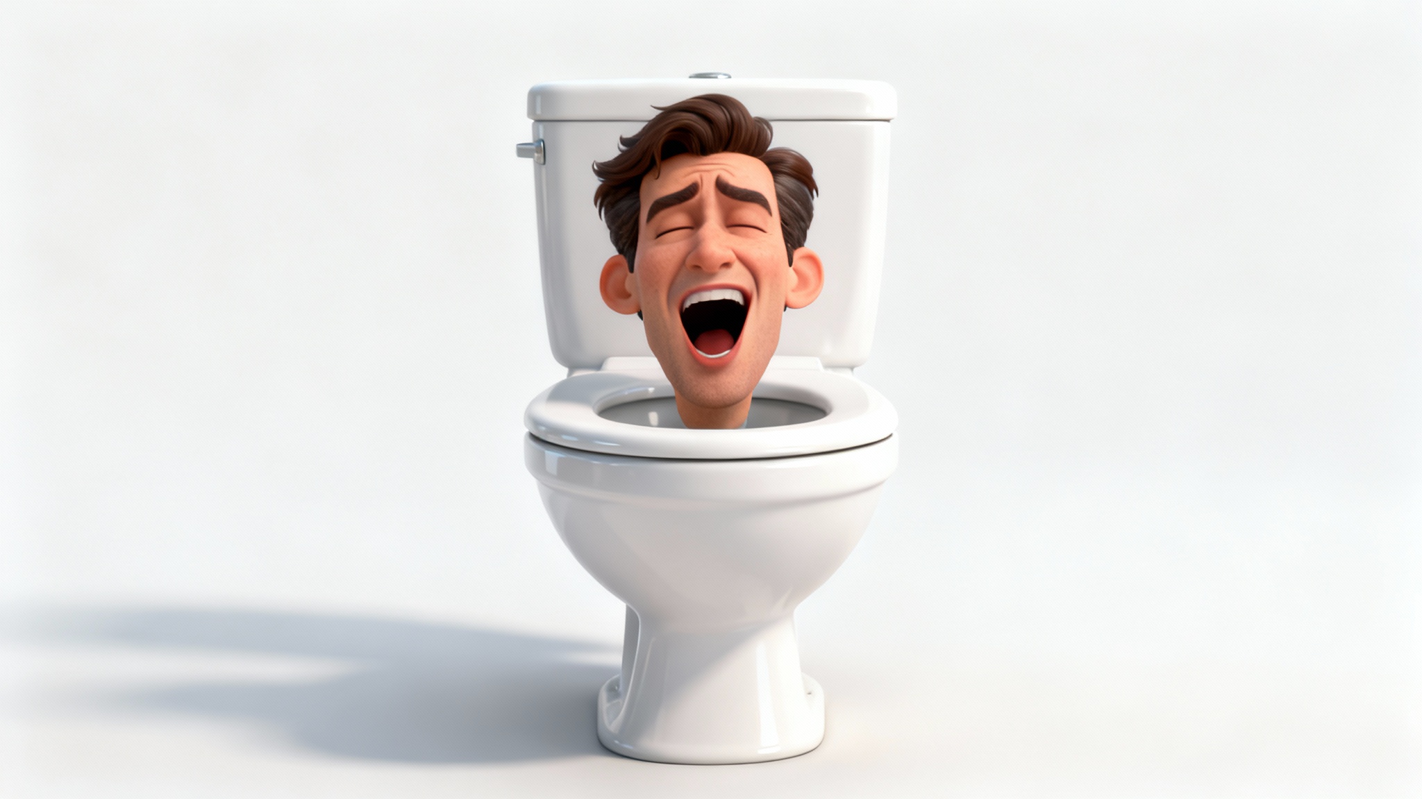 A 3D rendering of the Skibidi Toilet meme, featuring a man's head with a singing expression emerging from a white toilet bowl on a clean white background.