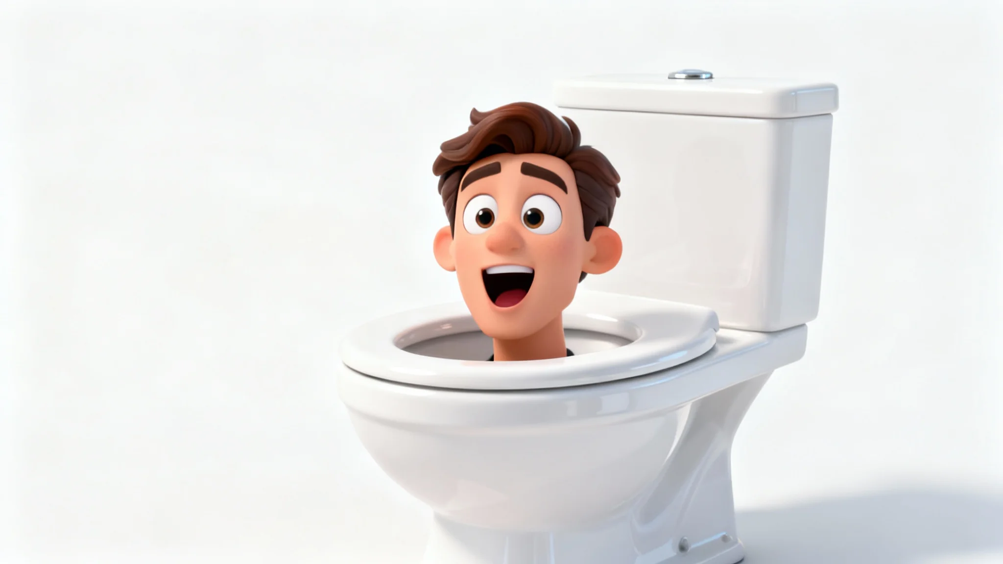 A 3D render of a comical head emerging from a white toilet bowl, illustrating the Skibidi Toilet meme, on a plain white background.