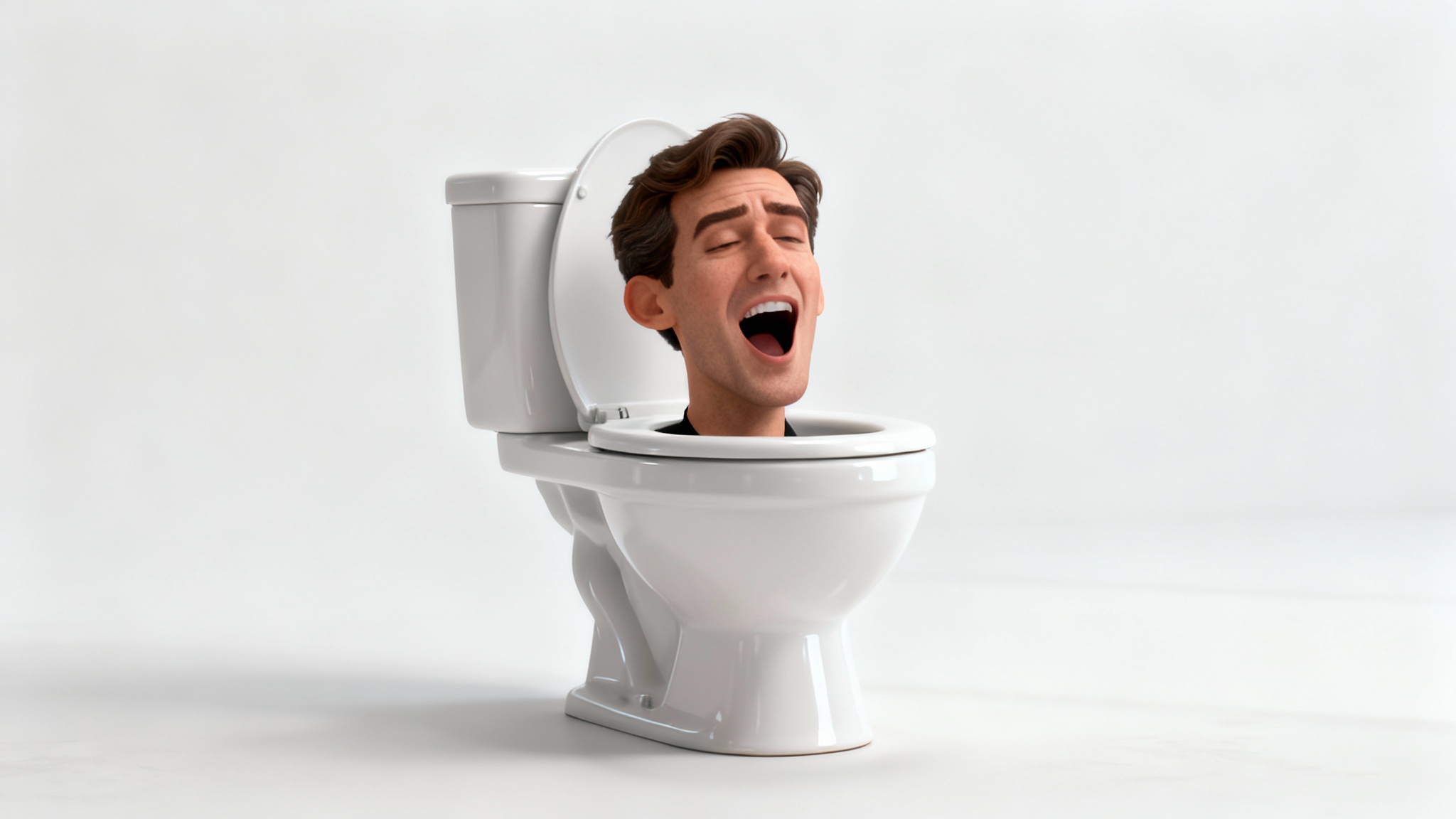 A 3D rendering of a man's head sticking out of a white toilet, referencing the Skibidi Toilet internet meme, on a white background.