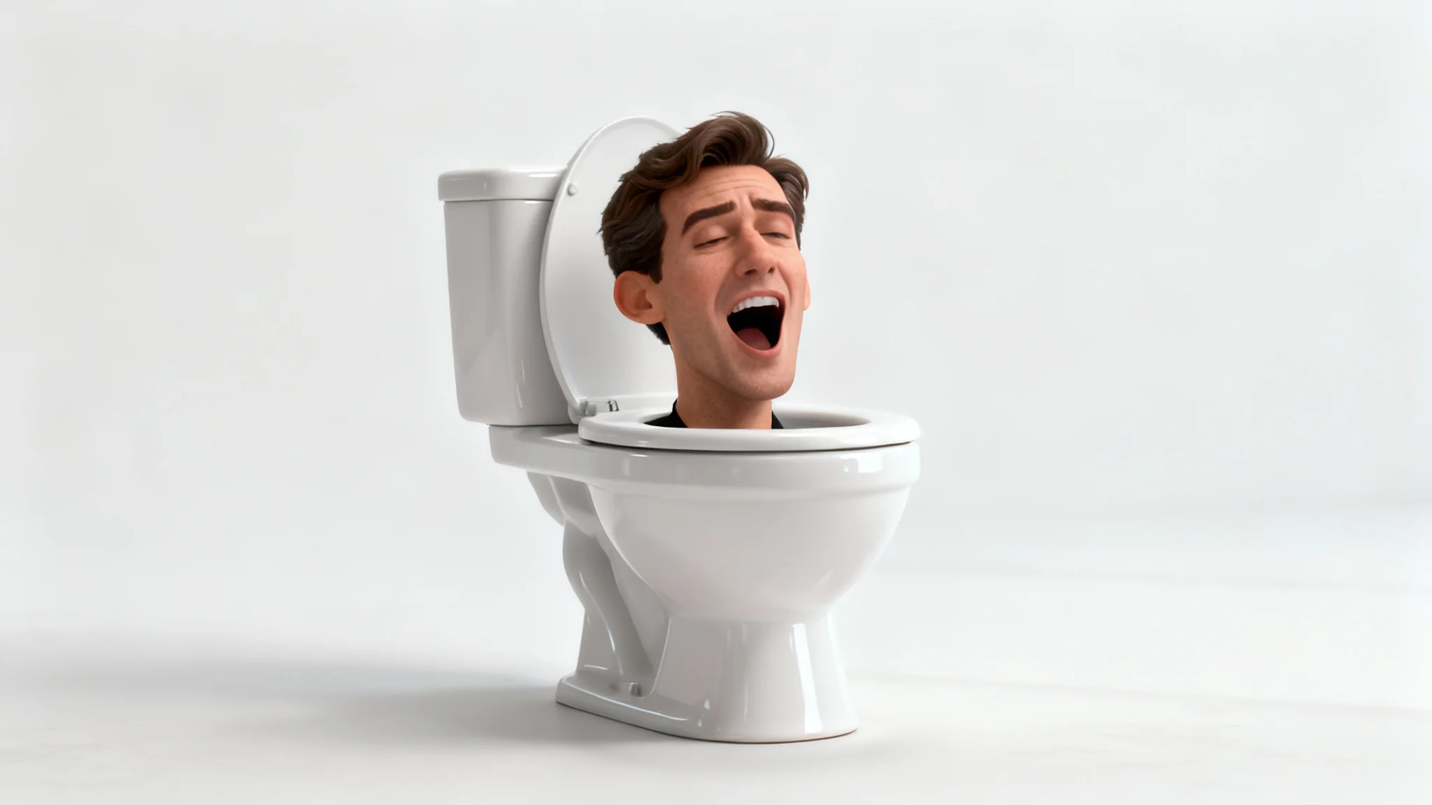 A 3D rendering of a man's head sticking out of a white toilet, referencing the Skibidi Toilet internet meme, on a white background.