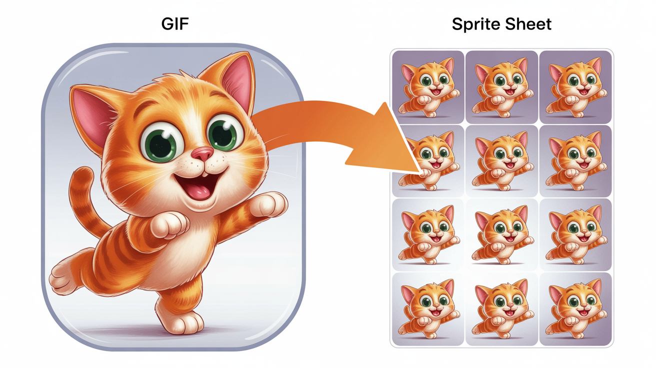 A hero image showing the process of converting a GIF to a sprite sheet. On the left, a frame from a GIF of a cartoon orange cat jumping. On the right, a sprite sheet with 8 frames of the cat's jump animation laid out in a grid. An arrow points from the GIF to the sprite sheet.