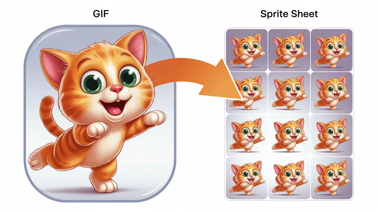 A hero image showing the process of converting a GIF to a sprite sheet. On the left, a frame from a GIF of a cartoon orange cat jumping. On the right, a sprite sheet with 8 frames of the cat's jump animation laid out in a grid. An arrow points from the GIF to the sprite sheet.