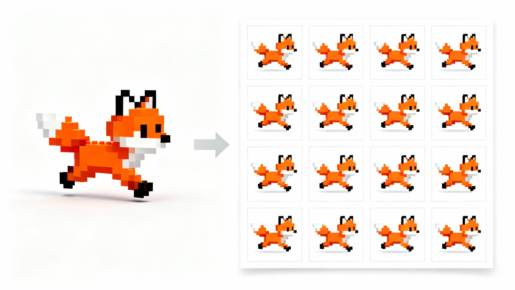 An illustration demonstrating the GIF to sprite sheet conversion process. On the left is a single frame of a pixel art running fox, and on the right is a complete 8-frame sprite sheet of the fox's running animation.