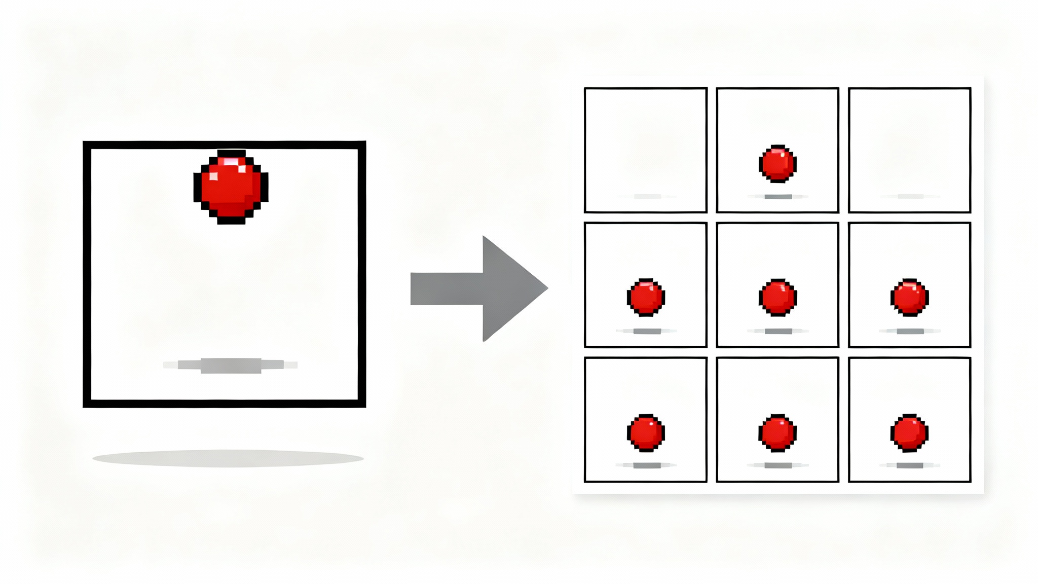 An illustration demonstrating the conversion of a GIF to a sprite sheet. On the left, a single frame of a pixelated red ball bouncing. An arrow points to the right, showing a grid of six frames that make up the complete bouncing animation, representing a sprite sheet.