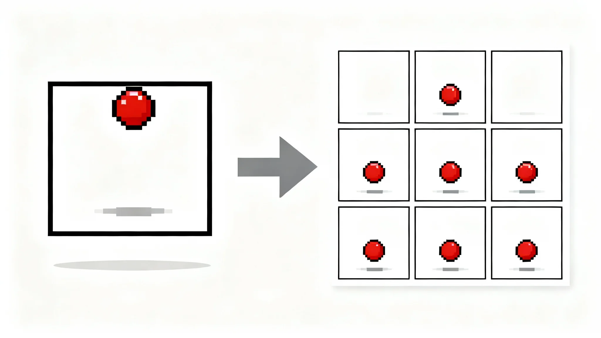 An illustration demonstrating the conversion of a GIF to a sprite sheet. On the left, a single frame of a pixelated red ball bouncing. An arrow points to the right, showing a grid of six frames that make up the complete bouncing animation, representing a sprite sheet.