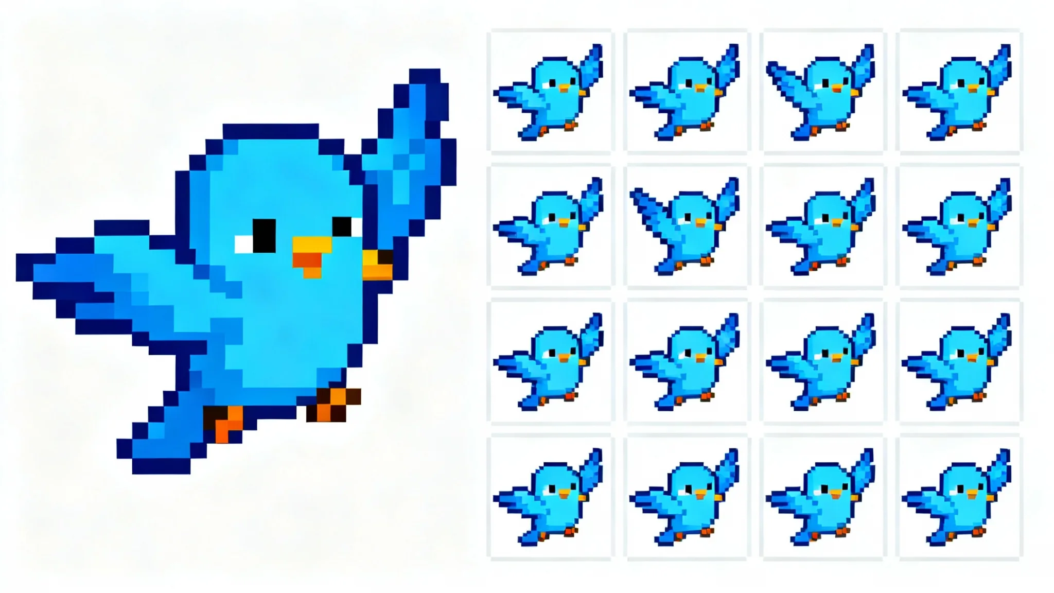 An image illustrating the conversion of a GIF to a sprite sheet, showing a single pixel art frame of a flying bird on one side and the resulting 8-frame sprite sheet on the other.