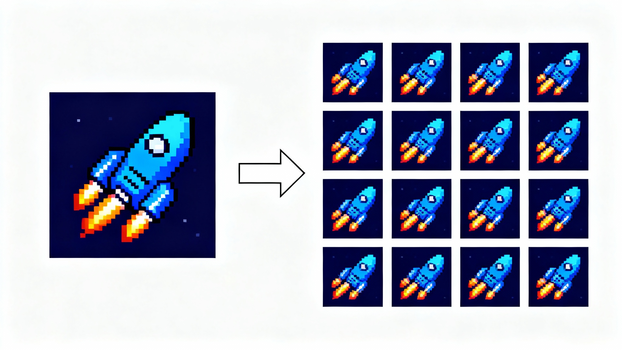 An illustration showing a pixel art spaceship on the left, an arrow pointing to the right, and a sprite sheet on the right, which shows the spaceship's animation broken down into eight individual frames.