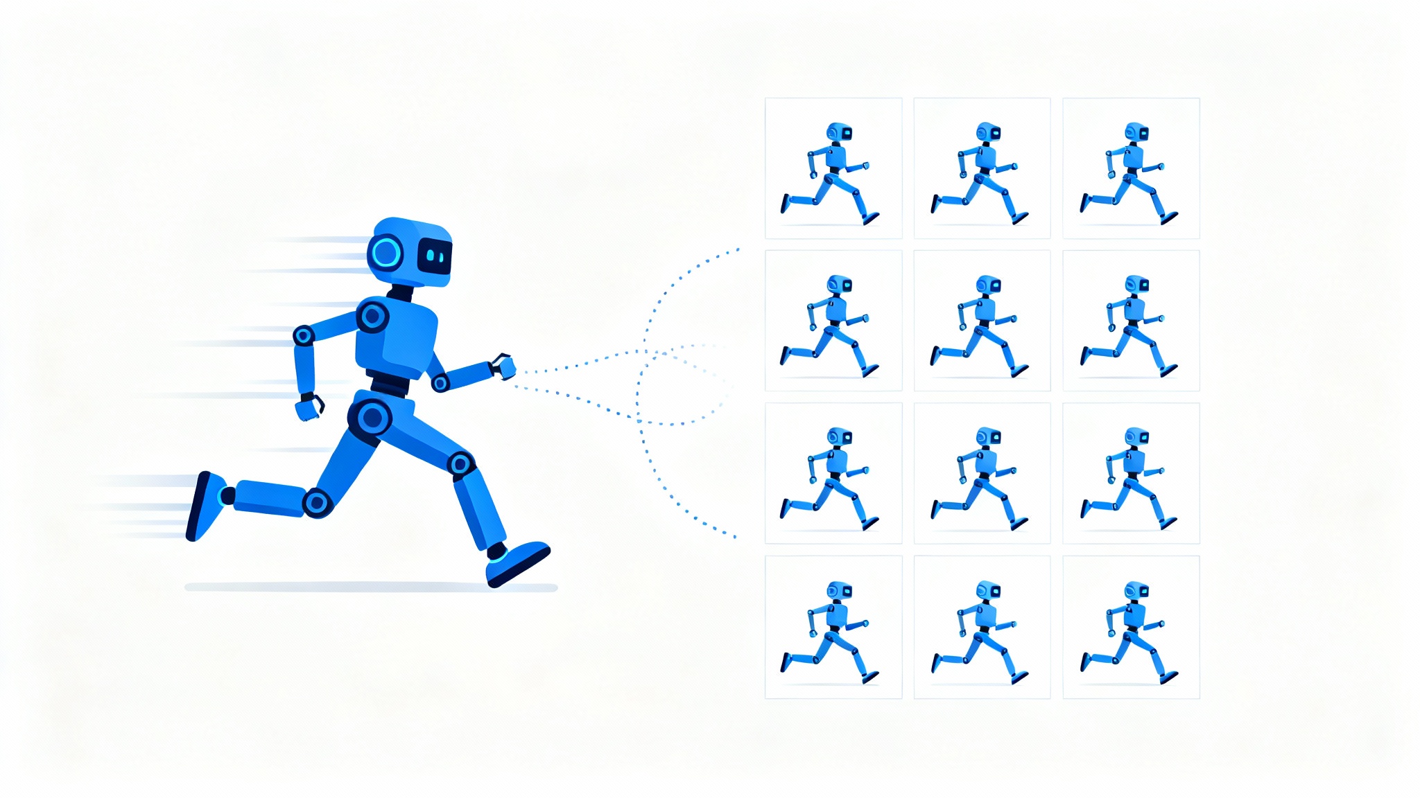 A conceptual illustration of a GIF being converted into a sprite sheet. On the left, a running robot with motion blur represents an animated GIF. On the right, the robot's run cycle is broken down into an 8-frame grid, representing a sprite sheet.